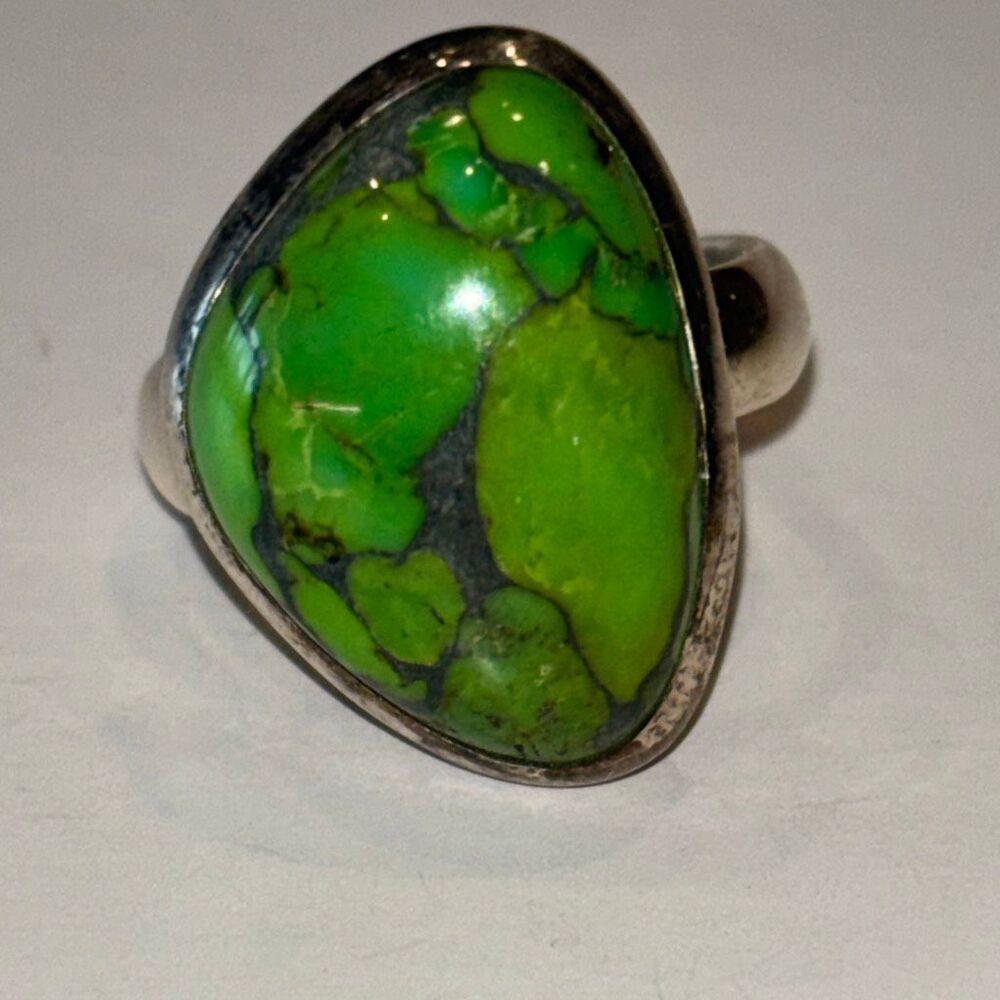 Green Mojave turquoise & 925 sterling silver ring Sz 5.5 copper vein 4.94g 15x11 - Picture 4 of 7